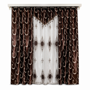 Dark coffee curtain panel with swirling scroll print sheer center insert tasseled valance and tab-top rings