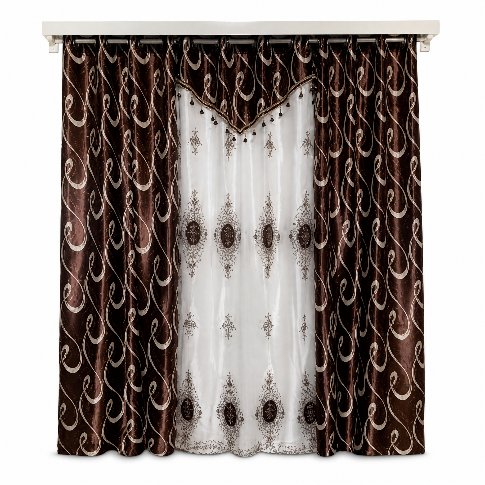 Dark coffee curtain panel with swirling scroll print sheer center insert tasseled valance and tab-top rings