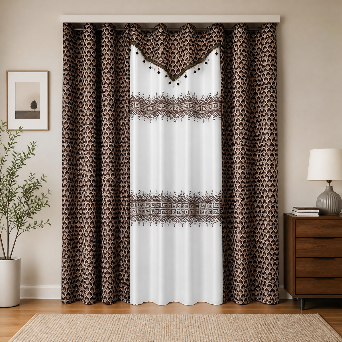 Dark coffee patterned curtain panel with a lighter centre insert