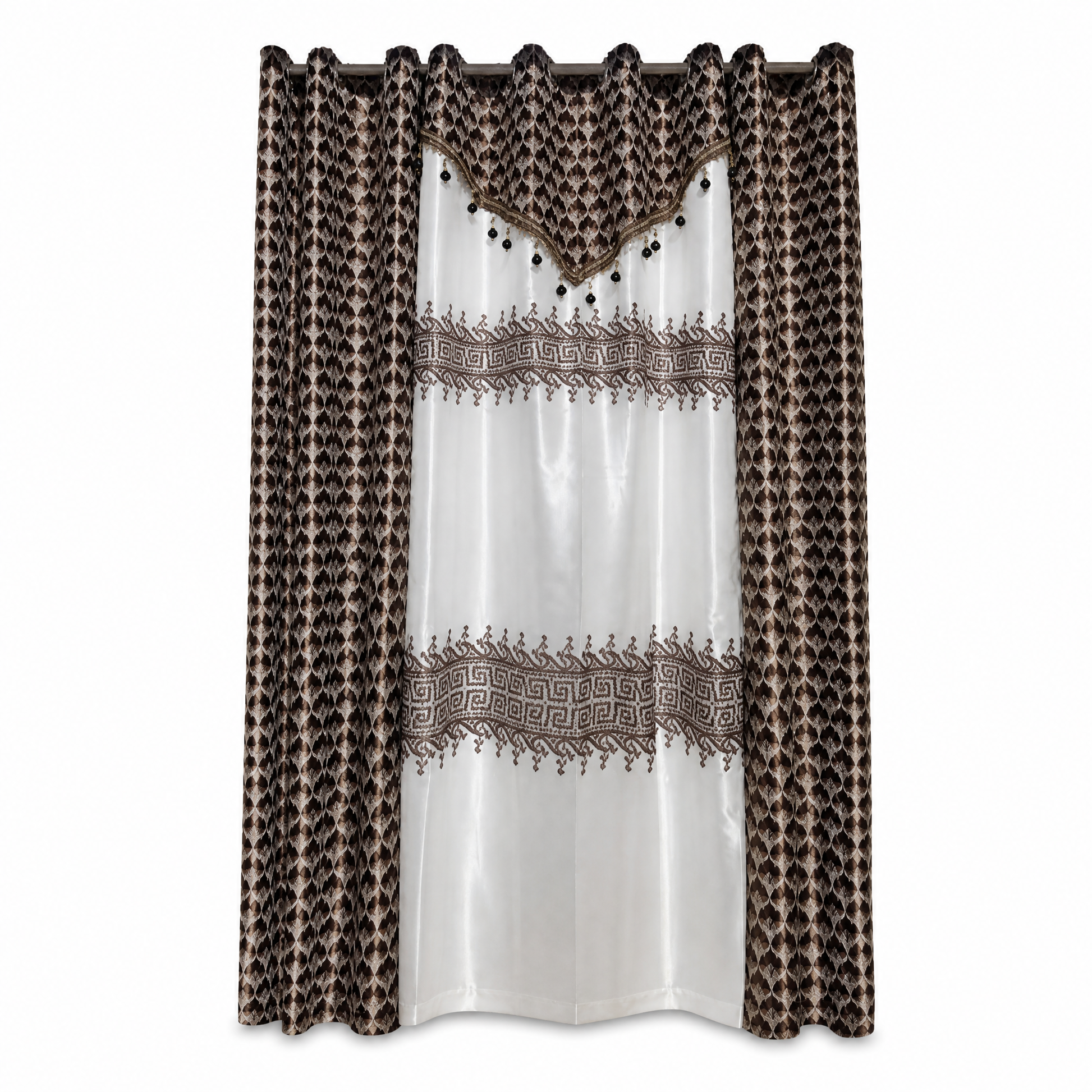 Dark coffee patterned curtain panel with a lighter centre insert