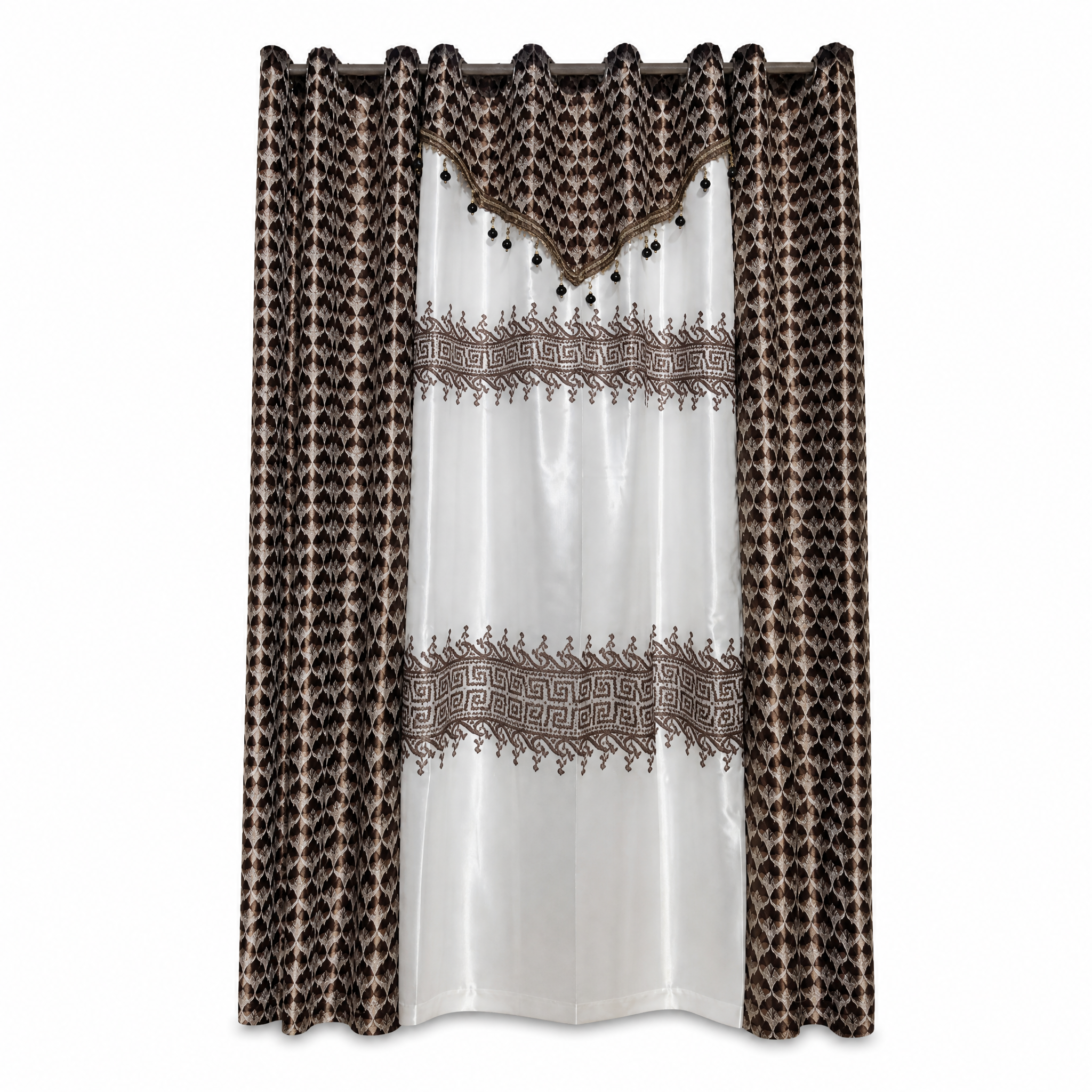 Dark coffee patterned curtain panel with a lighter centre insert