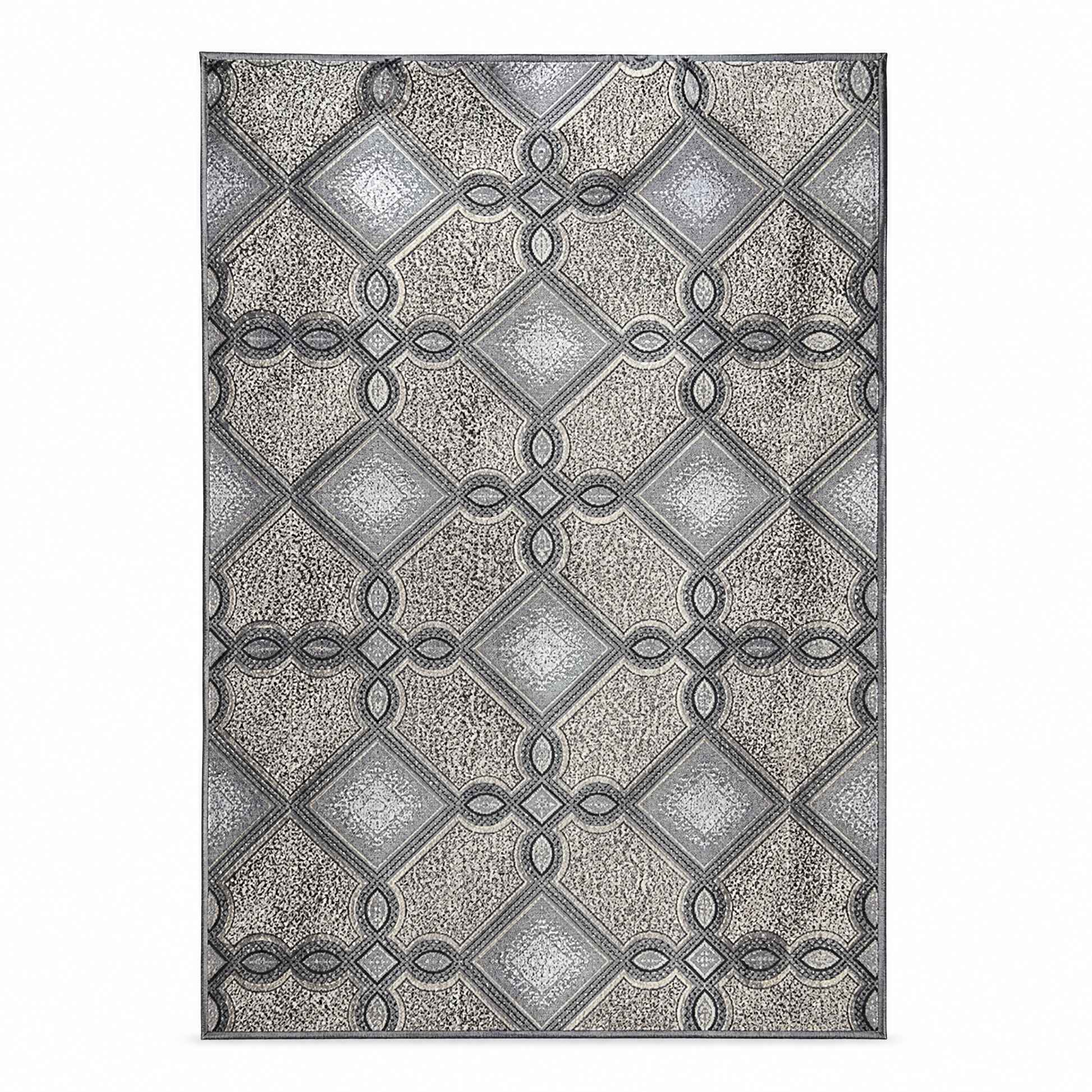 Grey and silver fabric panel with an interlocking ring-and-square lattice print, shown flat