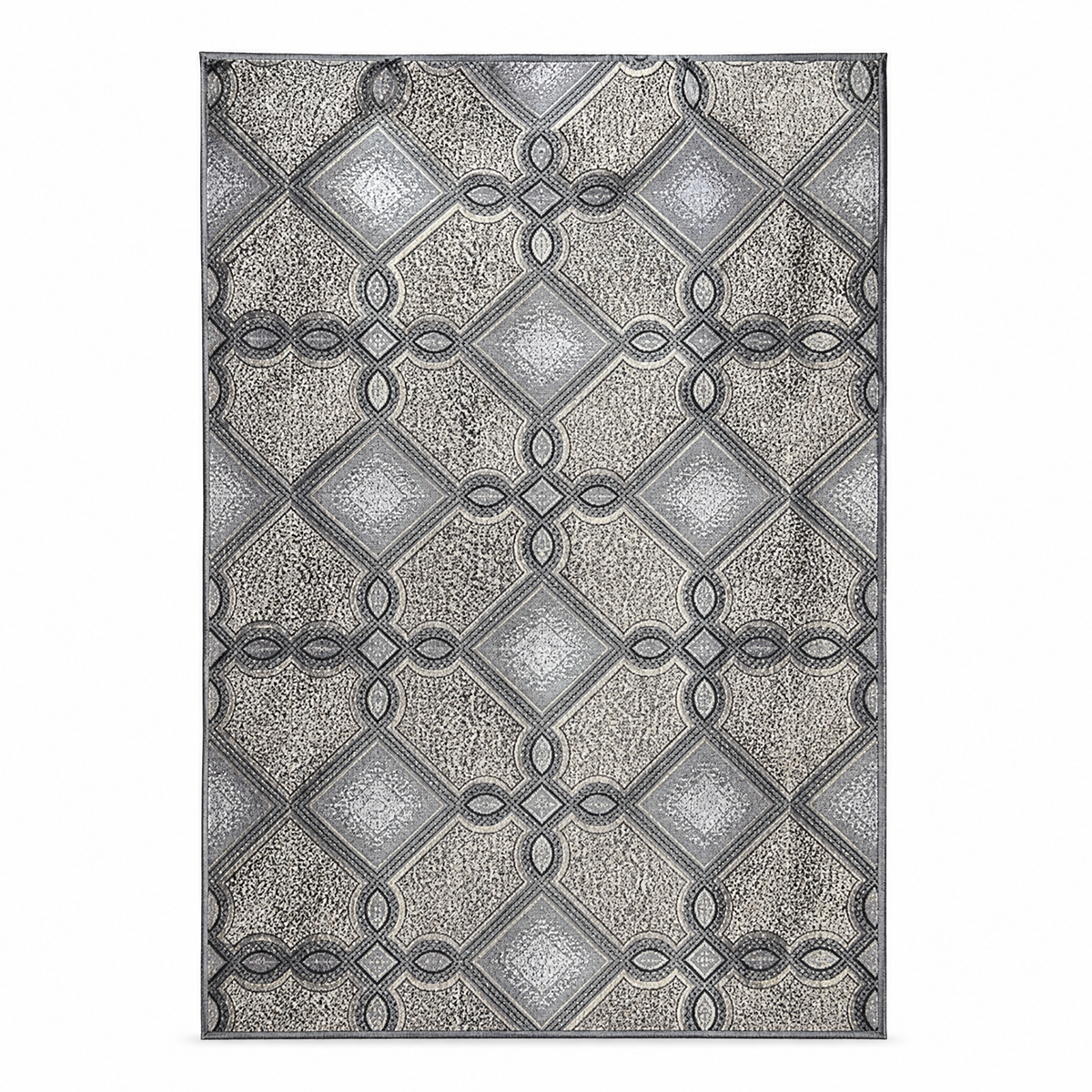 Grey and silver fabric panel with an interlocking ring-and-square lattice print, shown flat