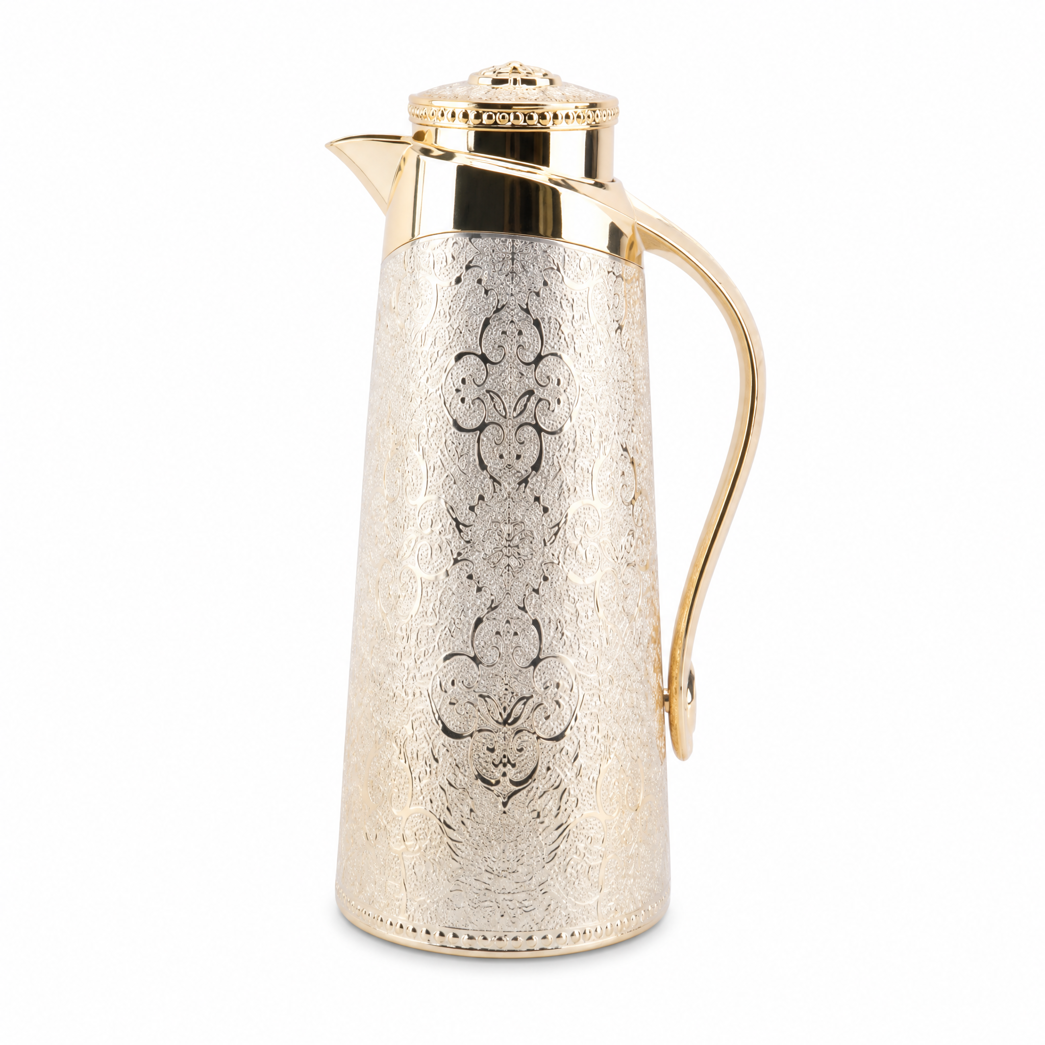 Gold engraved vacuum flask carafe with gold-tone handle, spout and domed lid
