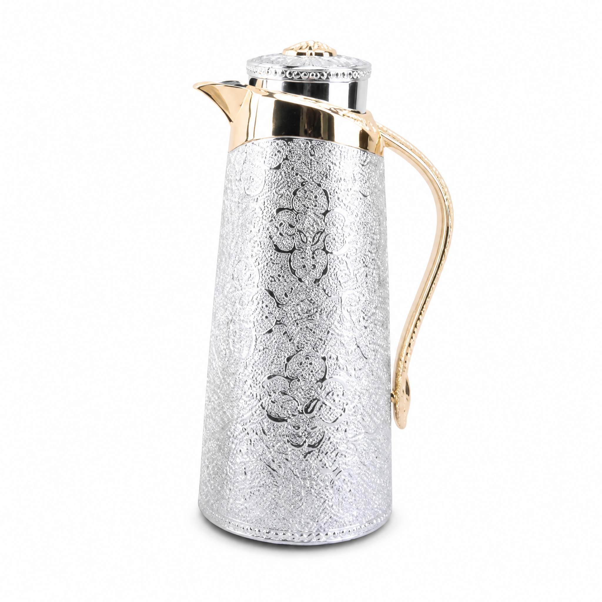 Silver engraved vacuum flask carafe with gold-tone spout, curved handle and domed lid