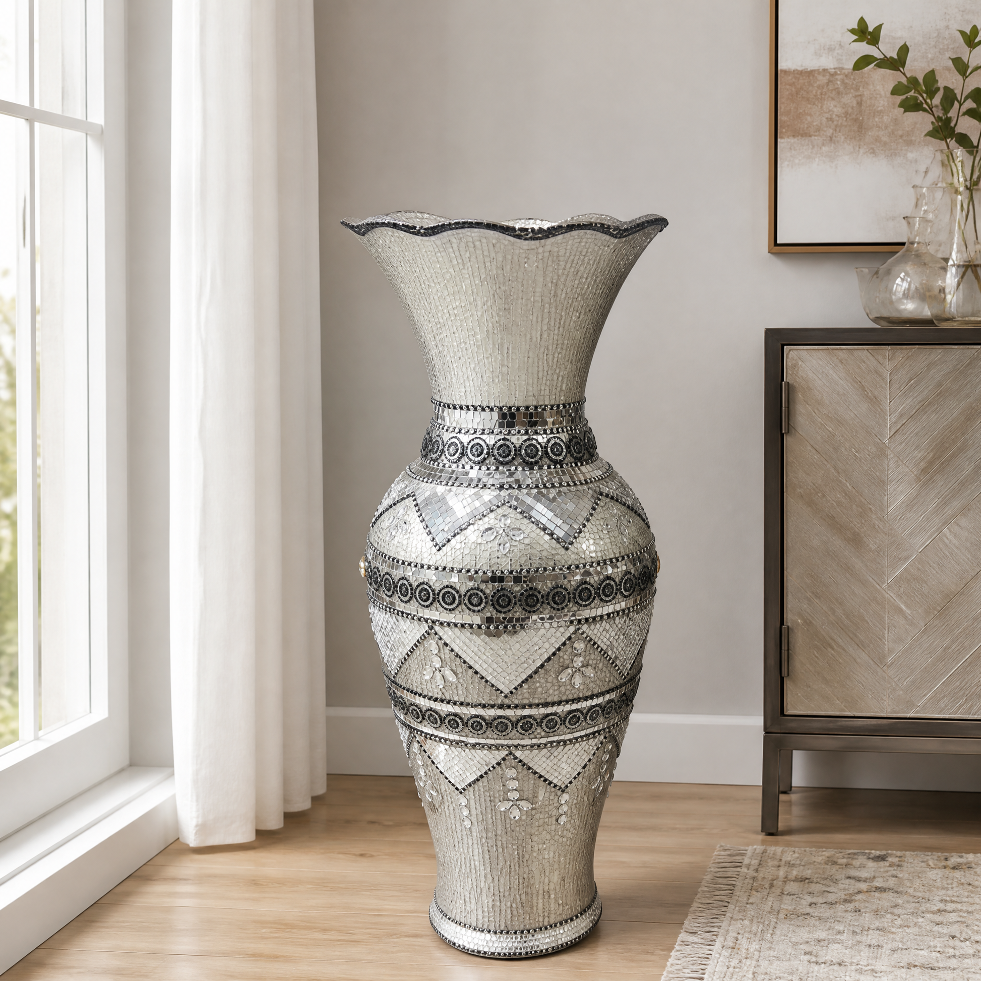 Silver decorative vase with mirrored mosaic-style trim 60 cm