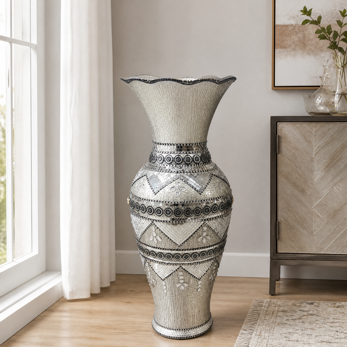 Silver decorative vase with mirrored mosaic-style trim 60 cm