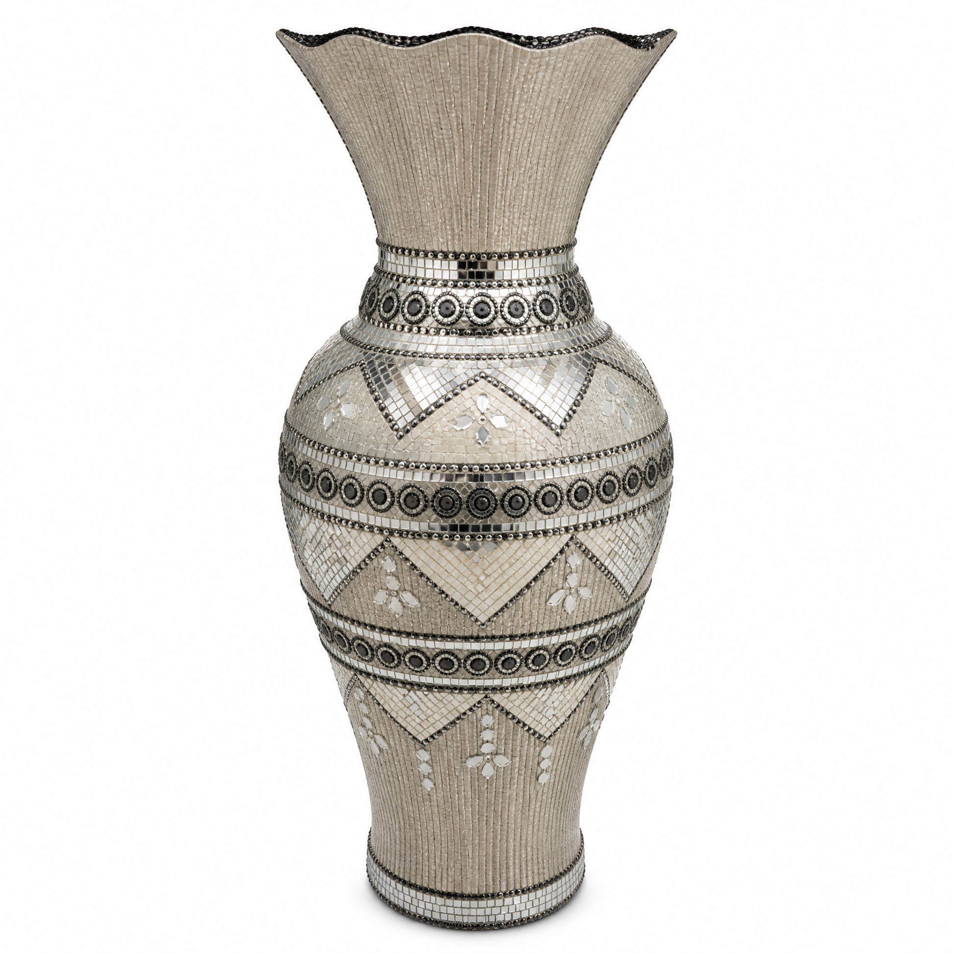 Silver decorative vase with mirrored mosaic-style trim 60 cm