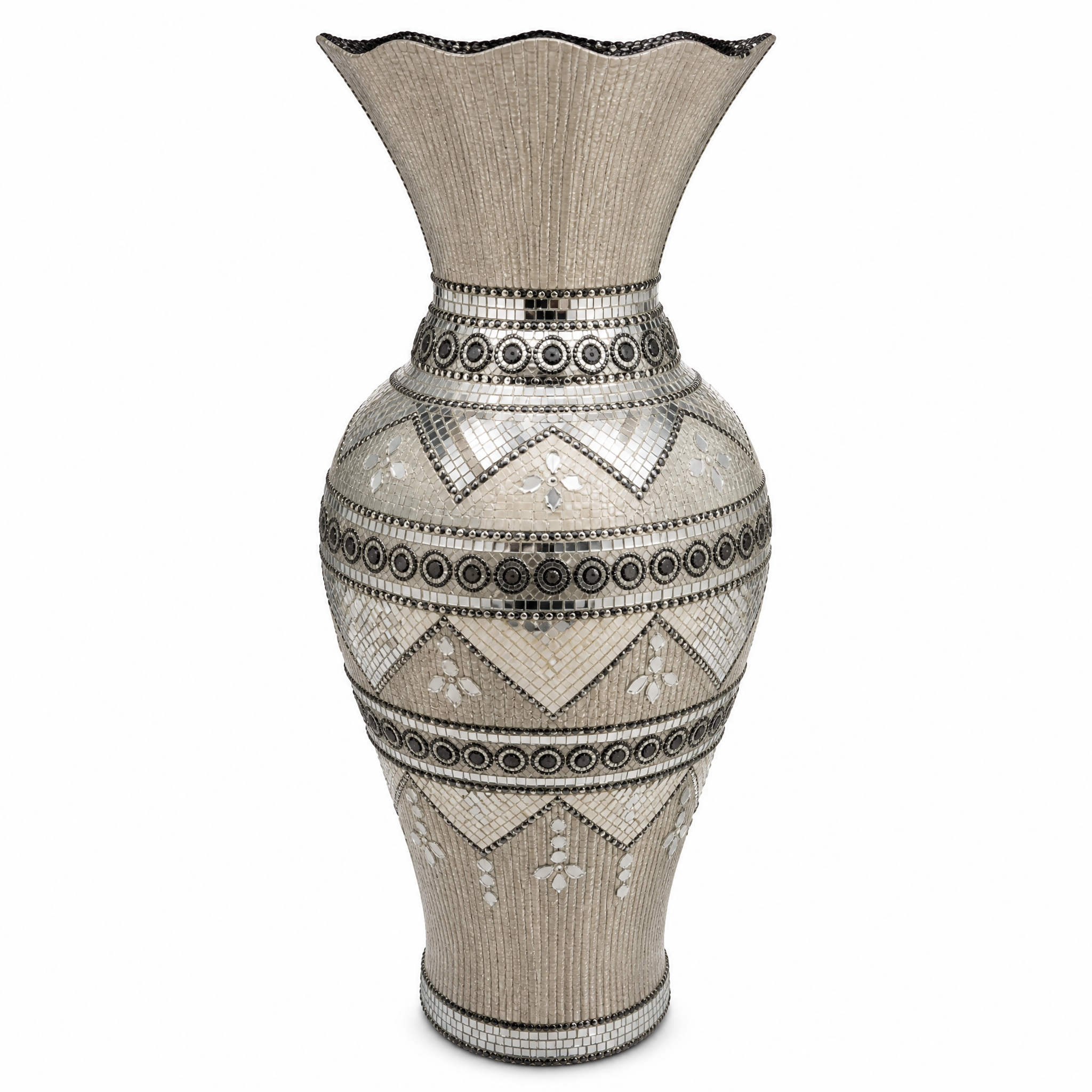 Silver decorative vase with mirrored mosaic-style trim 60 cm
