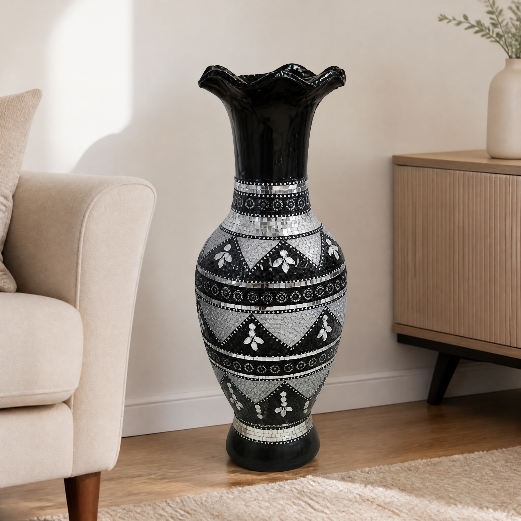 Black decorative vase with mirrored mosaic-style trim 60 cm