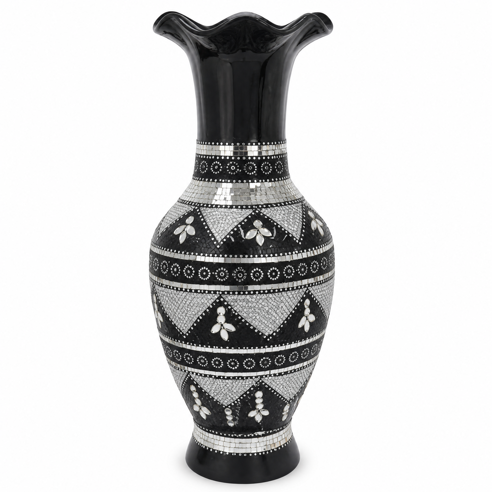 Black decorative vase with mirrored mosaic-style trim 60 cm