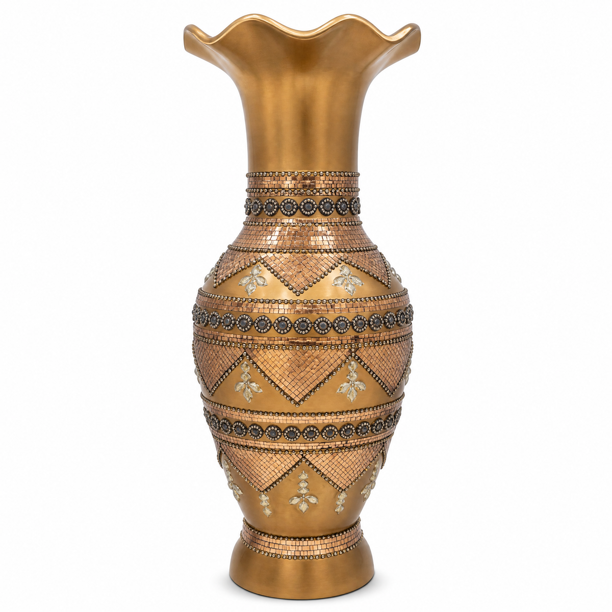 Gold decorative vase with mirrored mosaic-style trim 60 cm