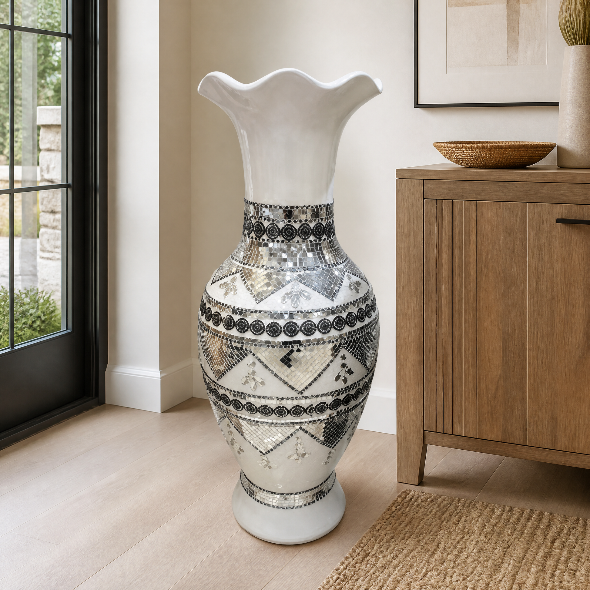 White decorative vase with mirrored mosaic-style trim 60 cm