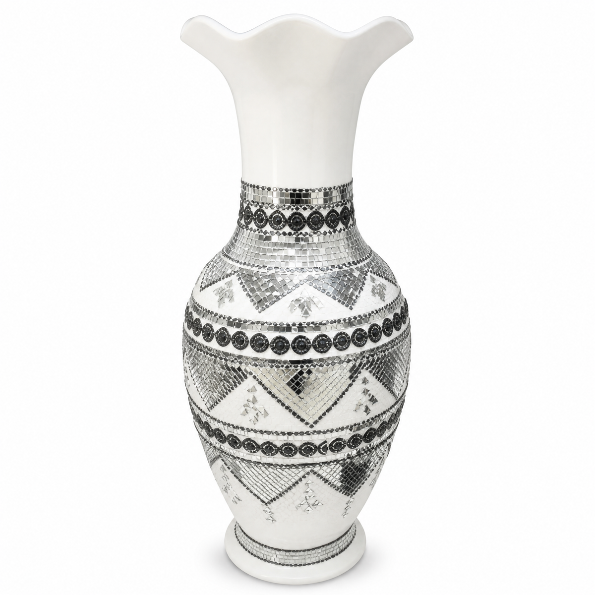 White decorative vase with mirrored mosaic-style trim 60 cm