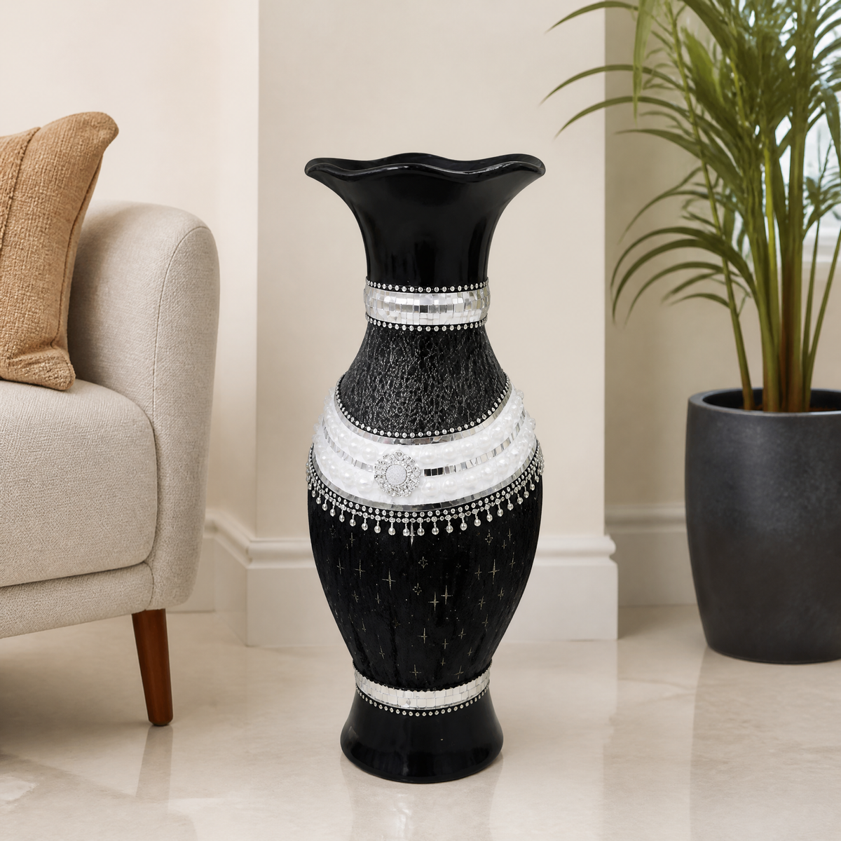 Black decorative vase with mirrored mosaic-style trim 60 cm