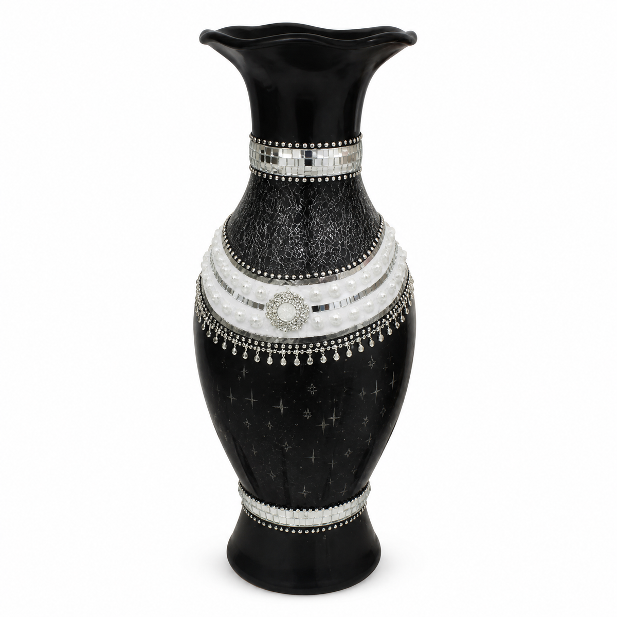 Black decorative vase with mirrored mosaic-style trim 60 cm