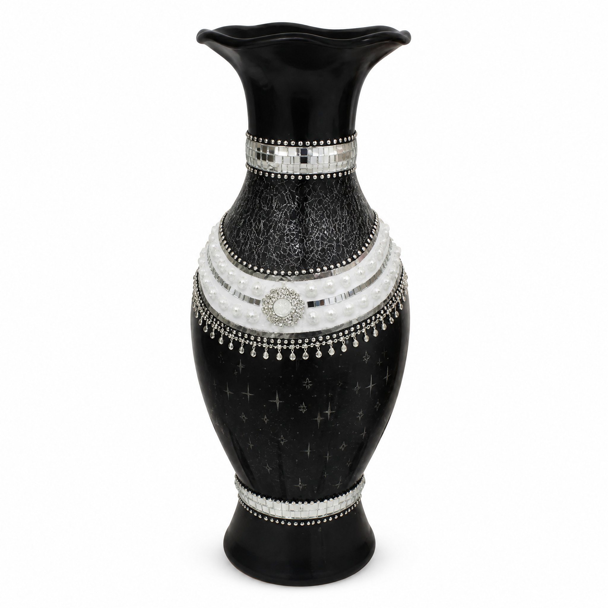 Black decorative vase with mirrored mosaic-style trim 60 cm