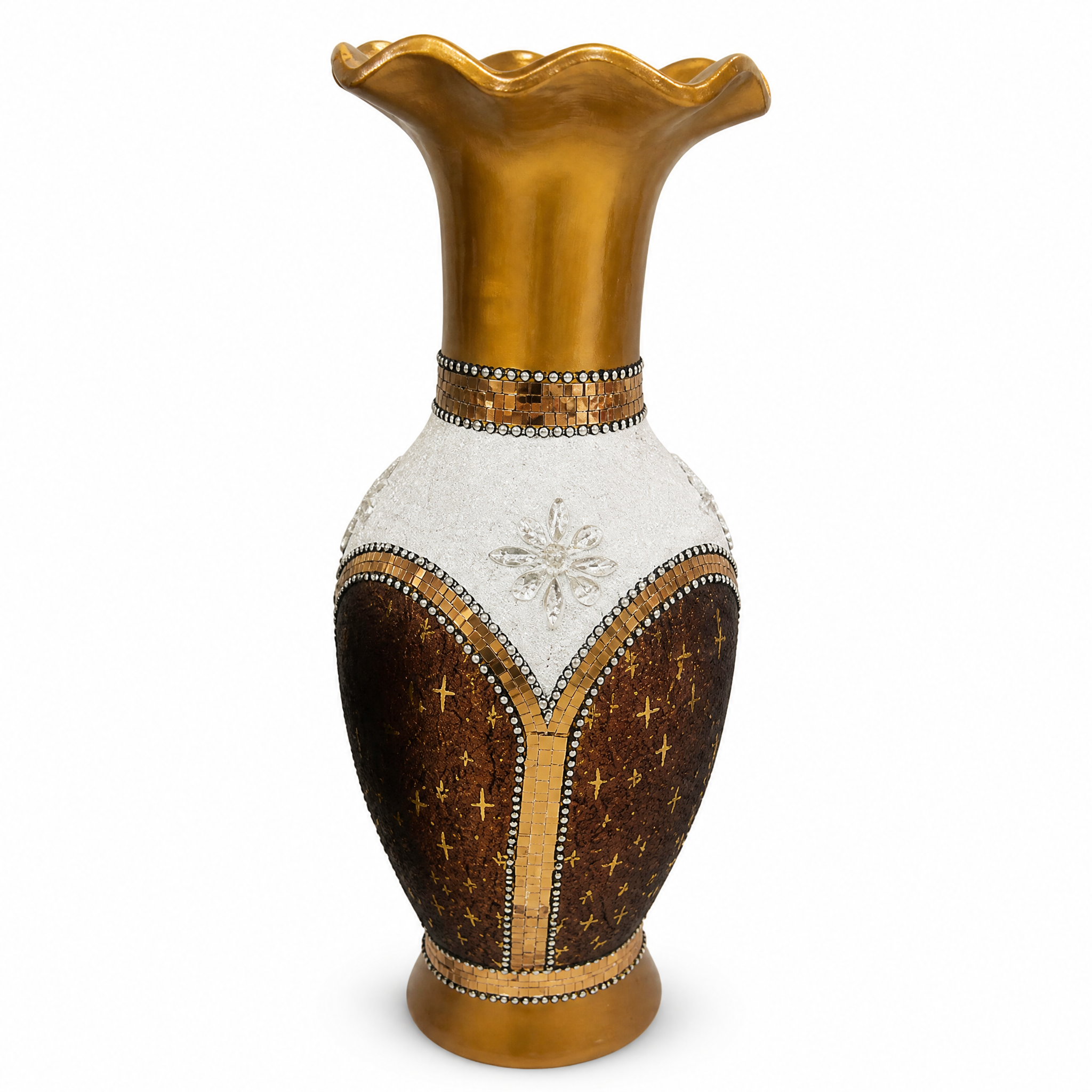 Vase with a ruffled gold rim, white shoulder with a starburst medallion and brown body