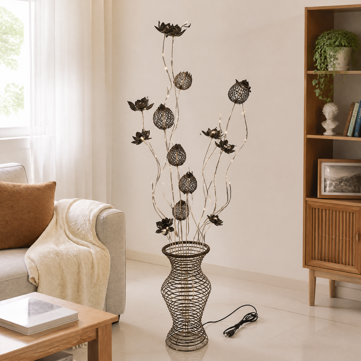 Coffee LED floral floor lamp 1.5 m vase-style base