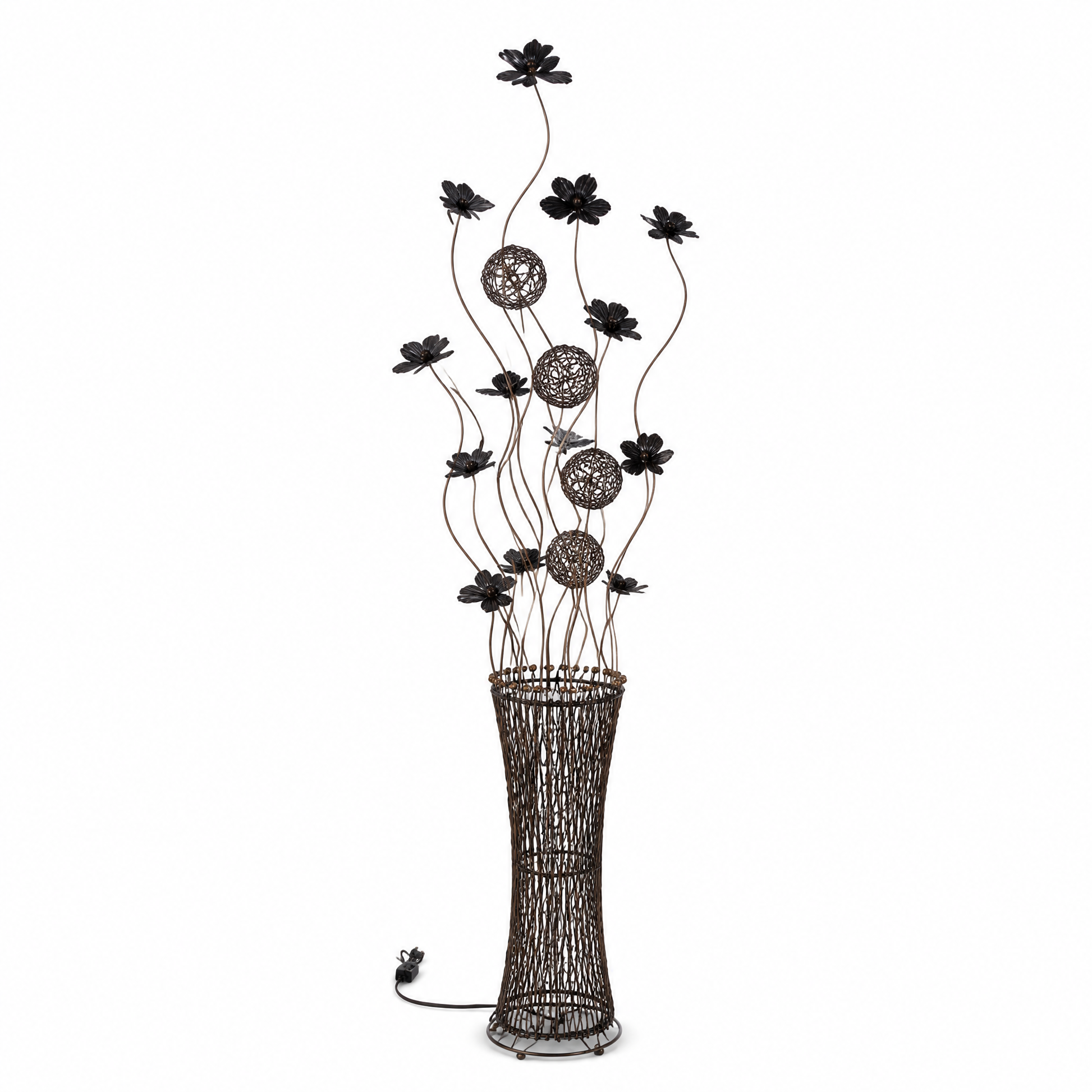 Coffee-toned wire floor lamp with flower heads and woven globes in a waisted woven wire vase