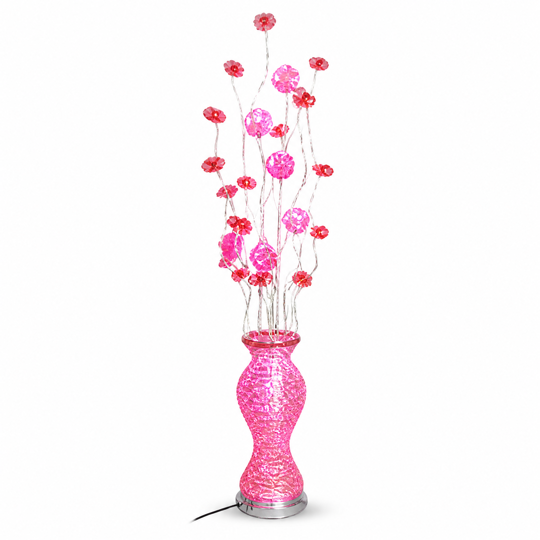 Pink LED floral floor lamp on white, lit flower heads on wire stems above a glowing vase base