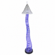 Blue-lit LED tower floor lamp with a conical wire shade and crystal finial on a round black base