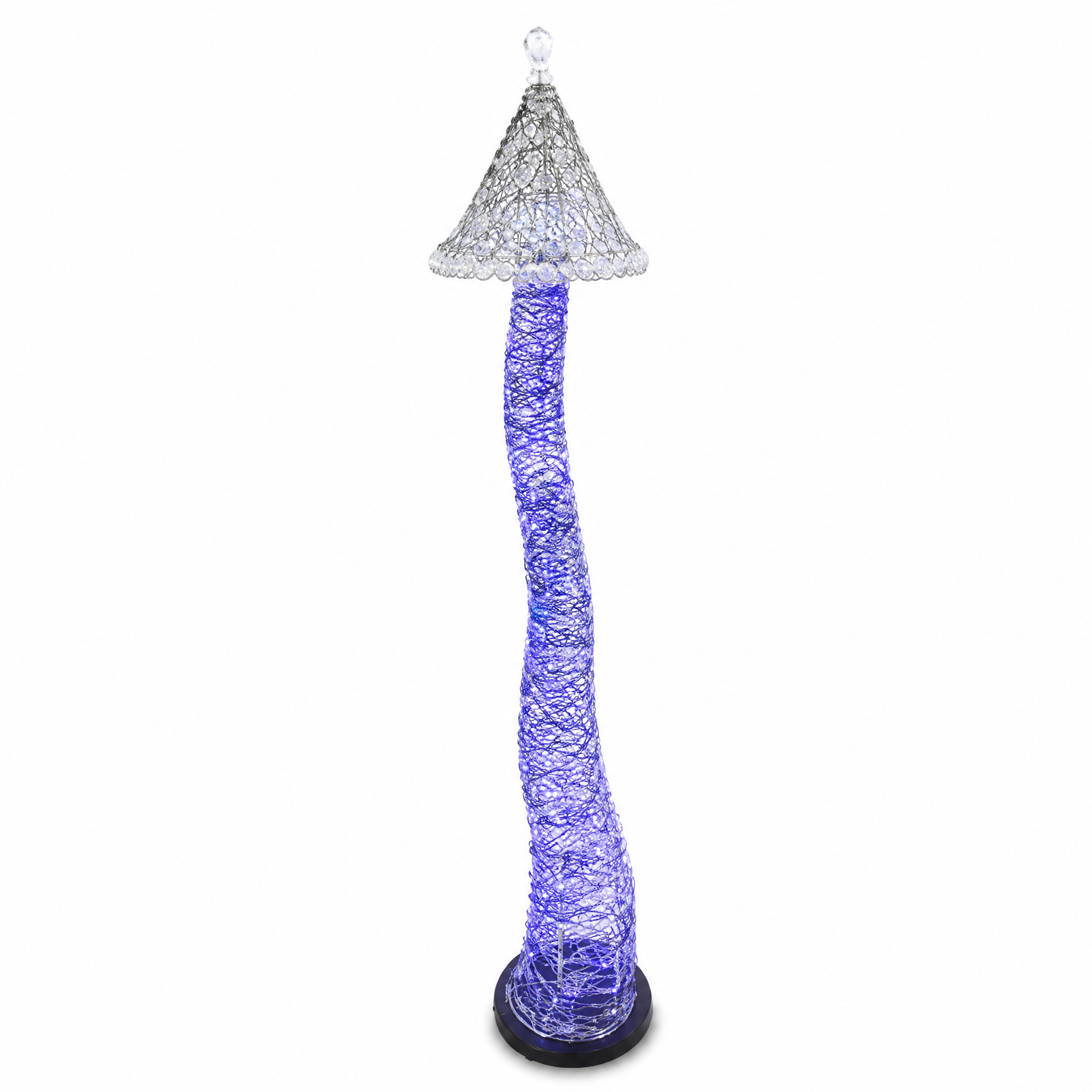 Blue-lit LED tower floor lamp with a conical wire shade and crystal finial on a round black base