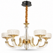 Gold candelabra chandelier, five clear crystal shades on curved arms, hung from a braided cord