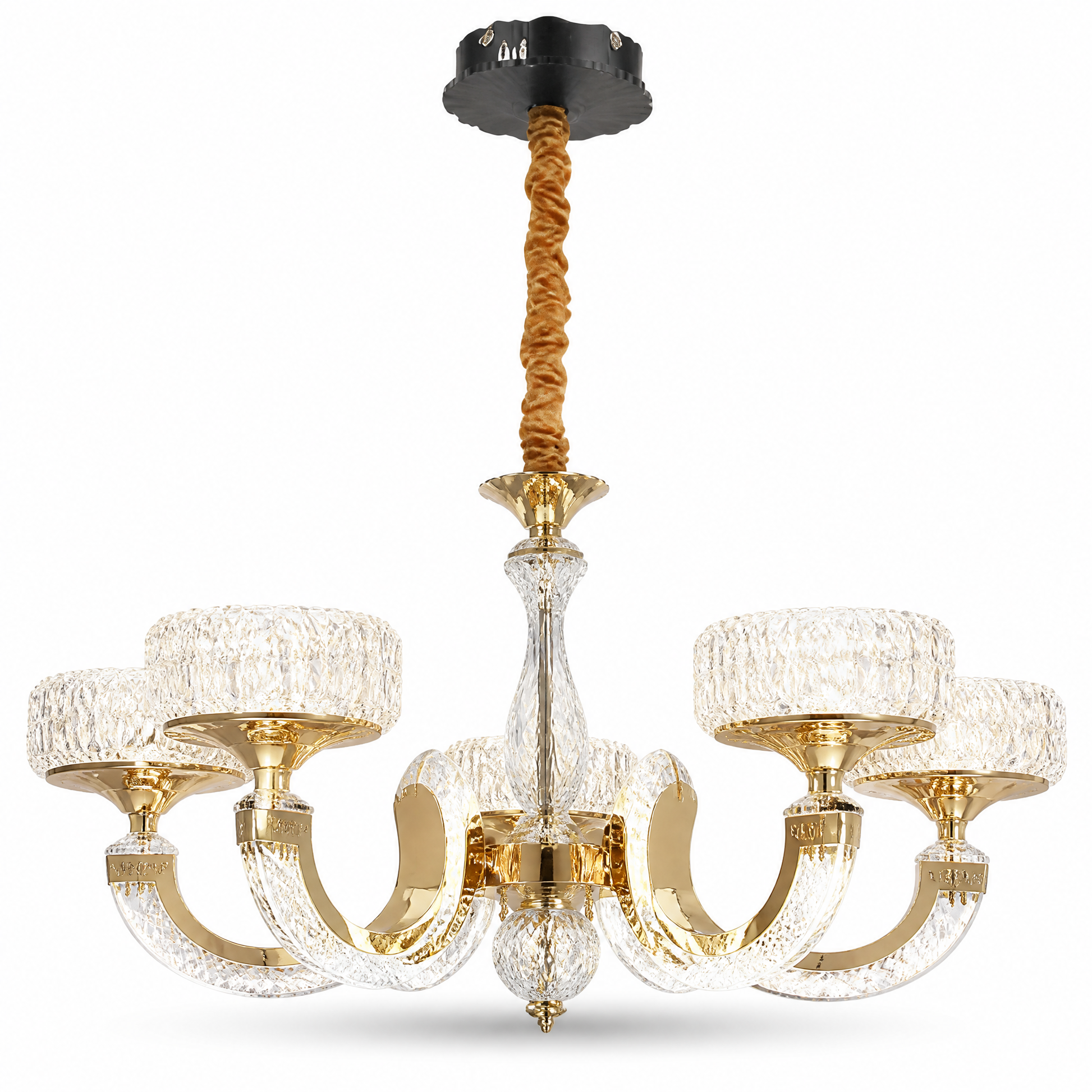 Gold candelabra chandelier, five clear crystal shades on curved arms, hung from a braided cord