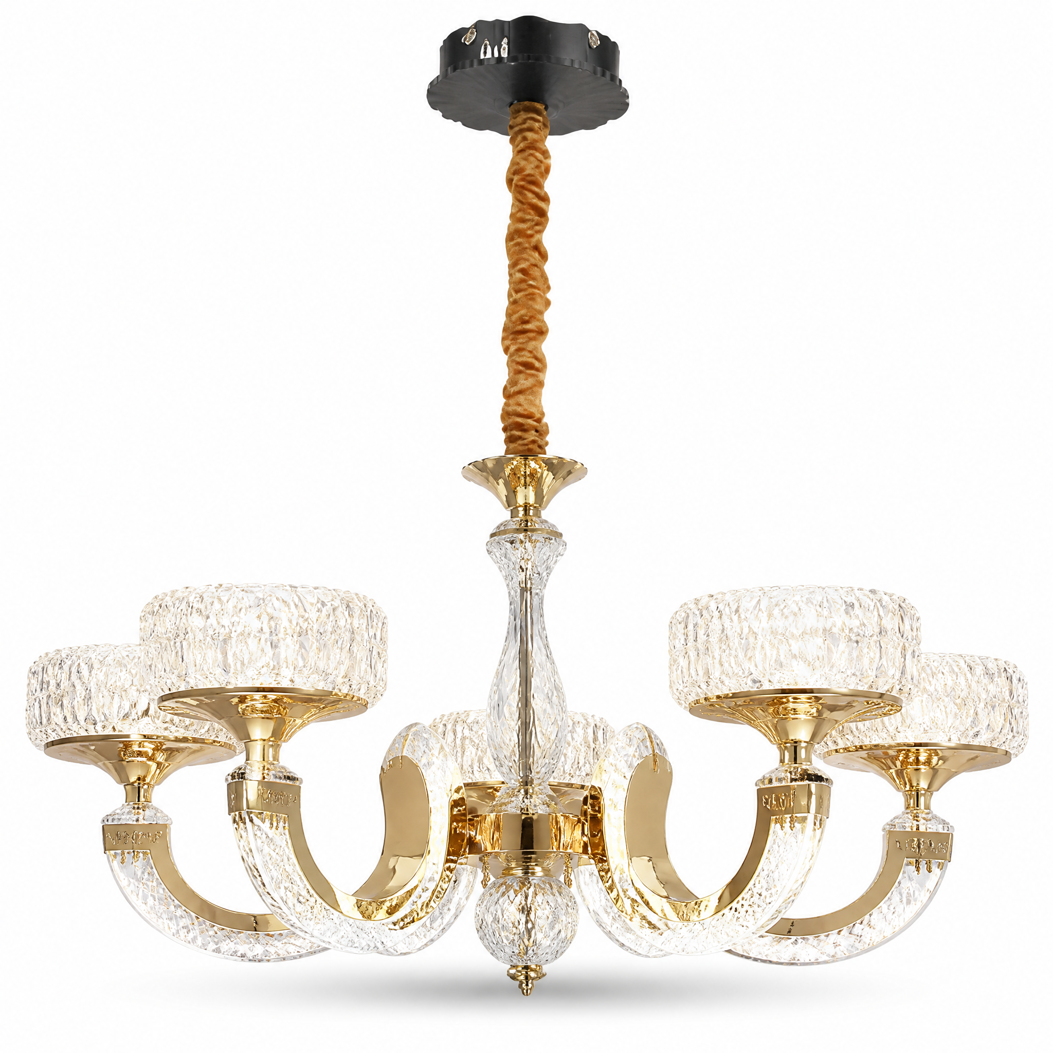 Gold candelabra chandelier, five clear crystal shades on curved arms, hung from a braided cord