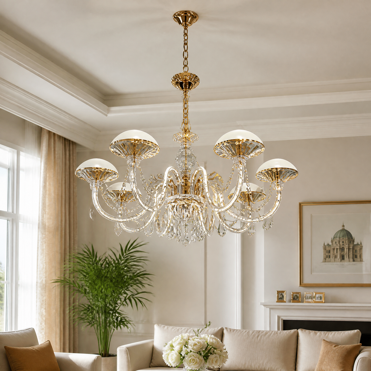 Large gold chandelier lit above a living room, white domed shades and crystal drops