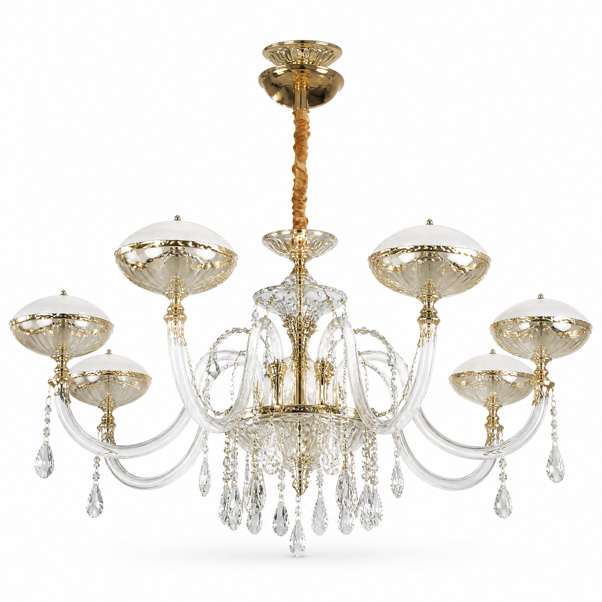 Large gold chandelier with white domed shades on curved glass arms and hanging crystal strands