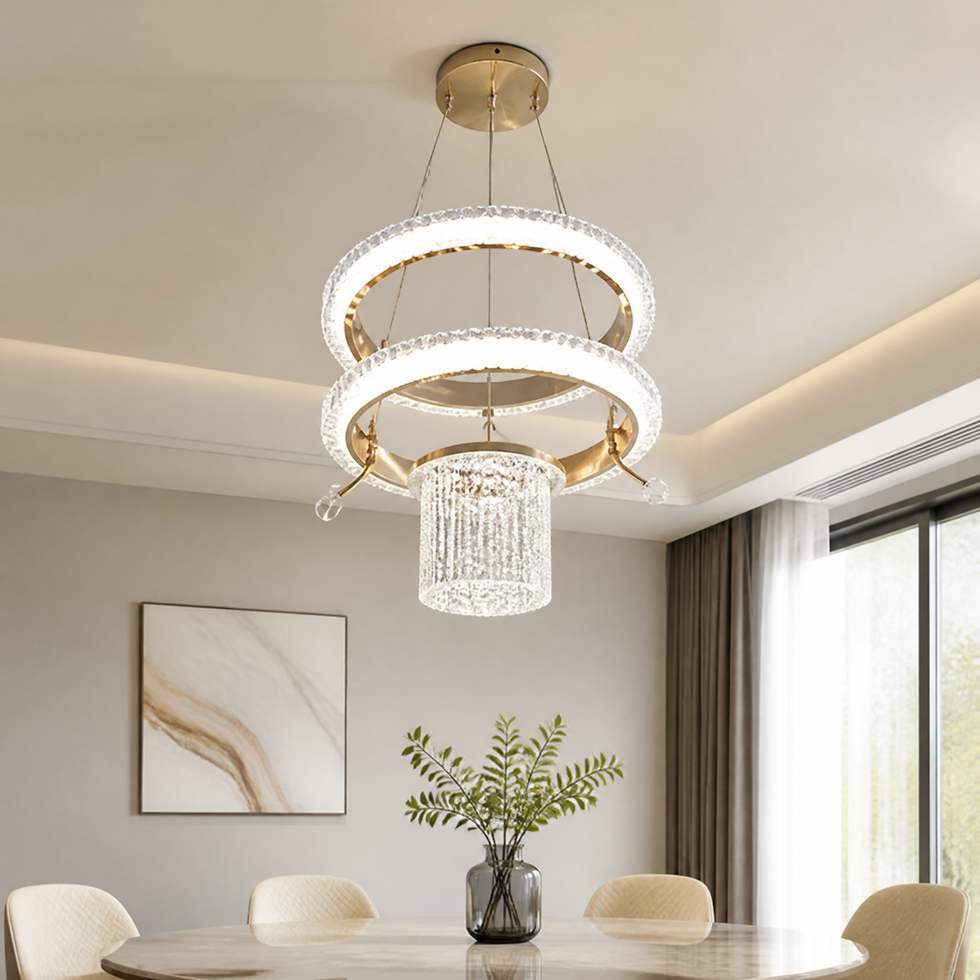 Gold and white round LED ring chandelier with a hanging drum-form shade