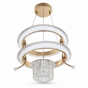Gold and white round LED ring chandelier with a hanging drum-form shade