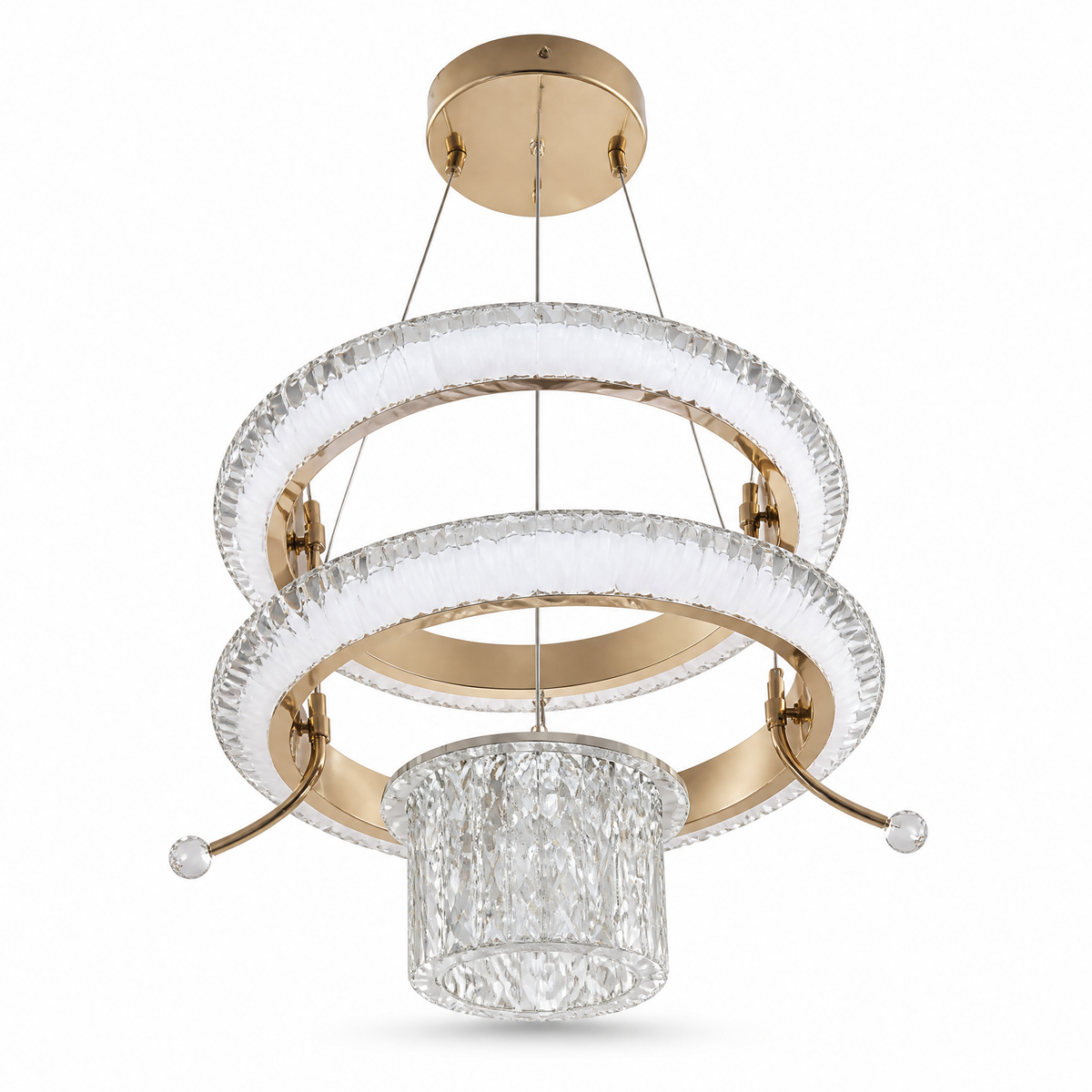Gold and white round LED ring chandelier with a hanging drum-form shade