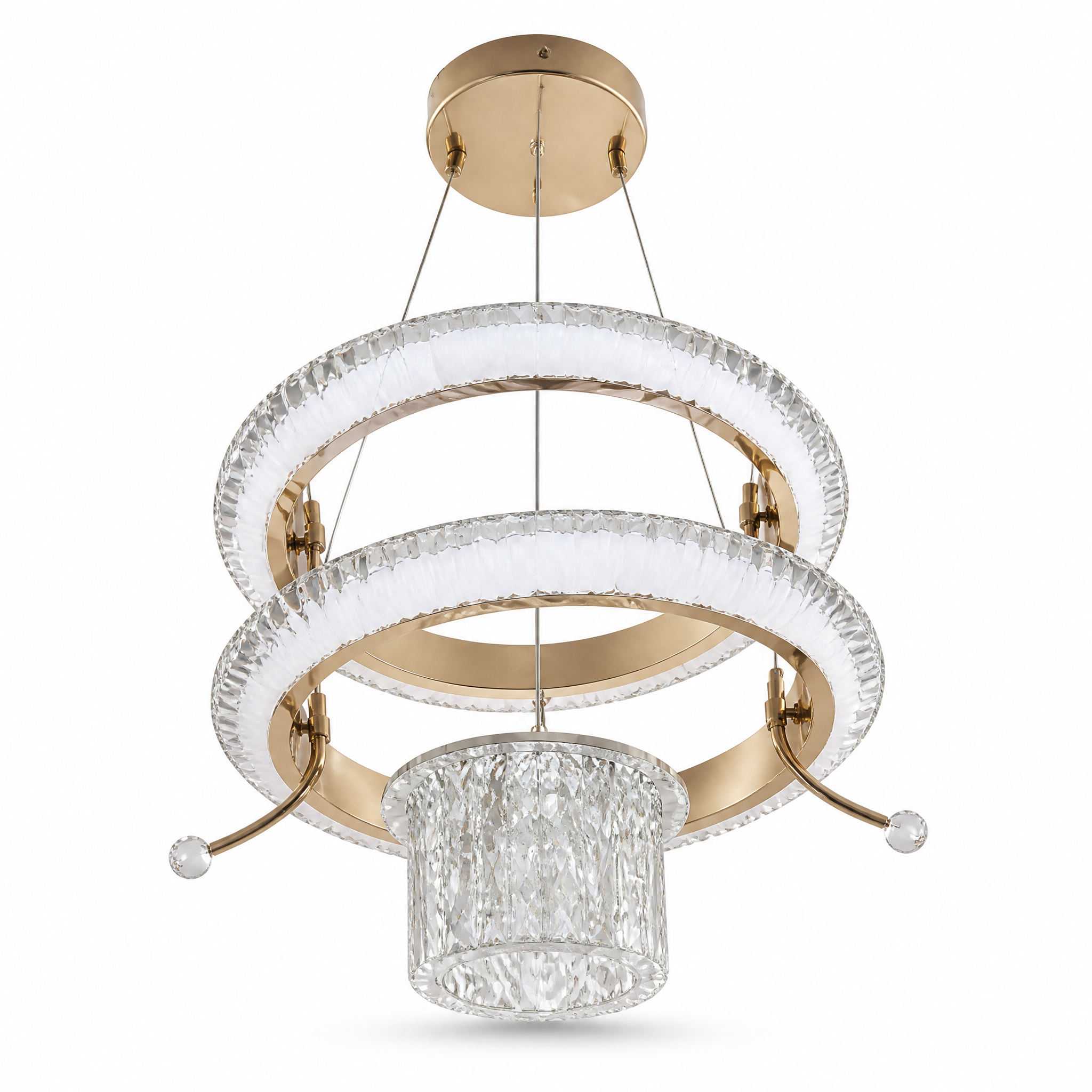 Gold and white round LED ring chandelier with a hanging drum-form shade
