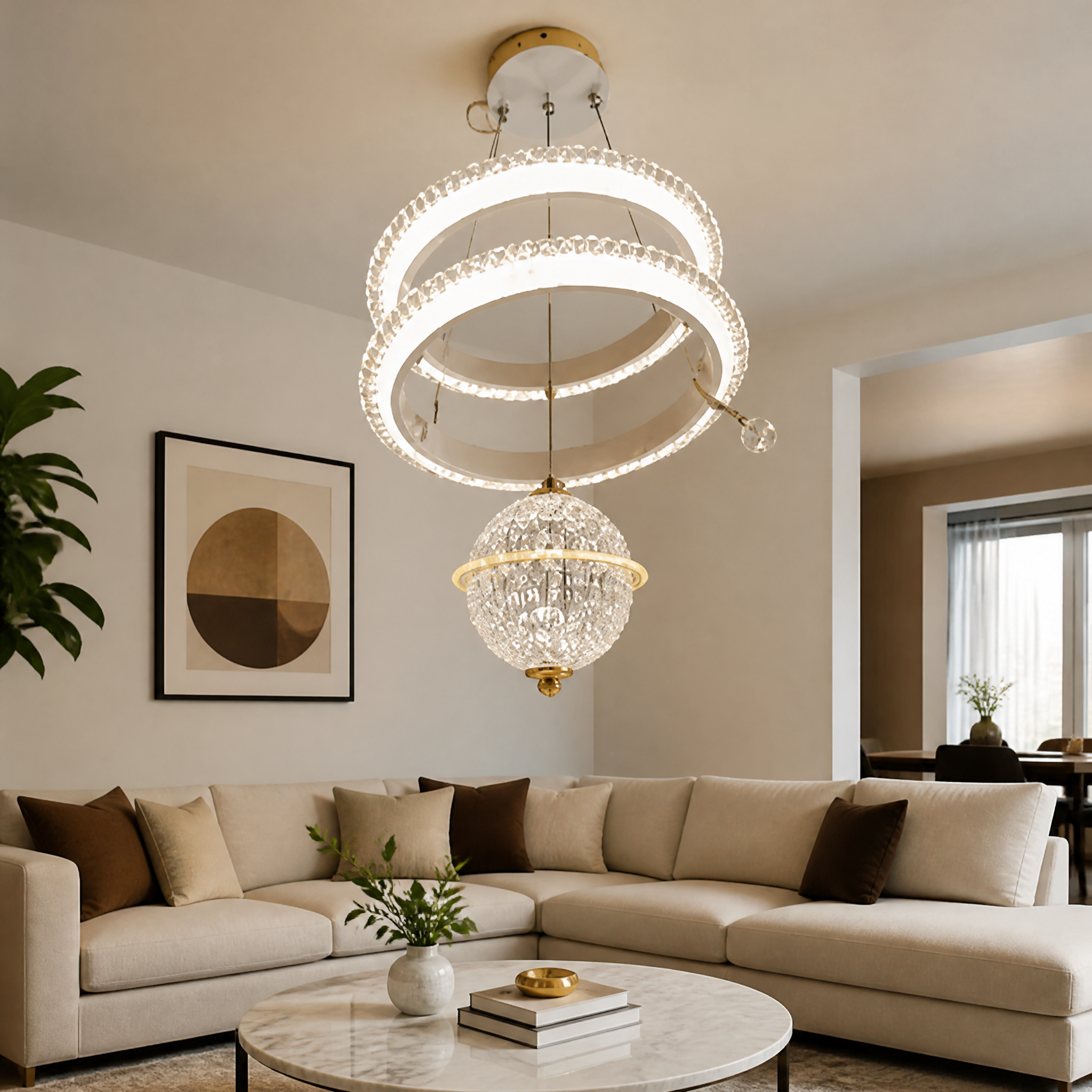 Gold and white round LED ring chandelier with a hanging round centre shade