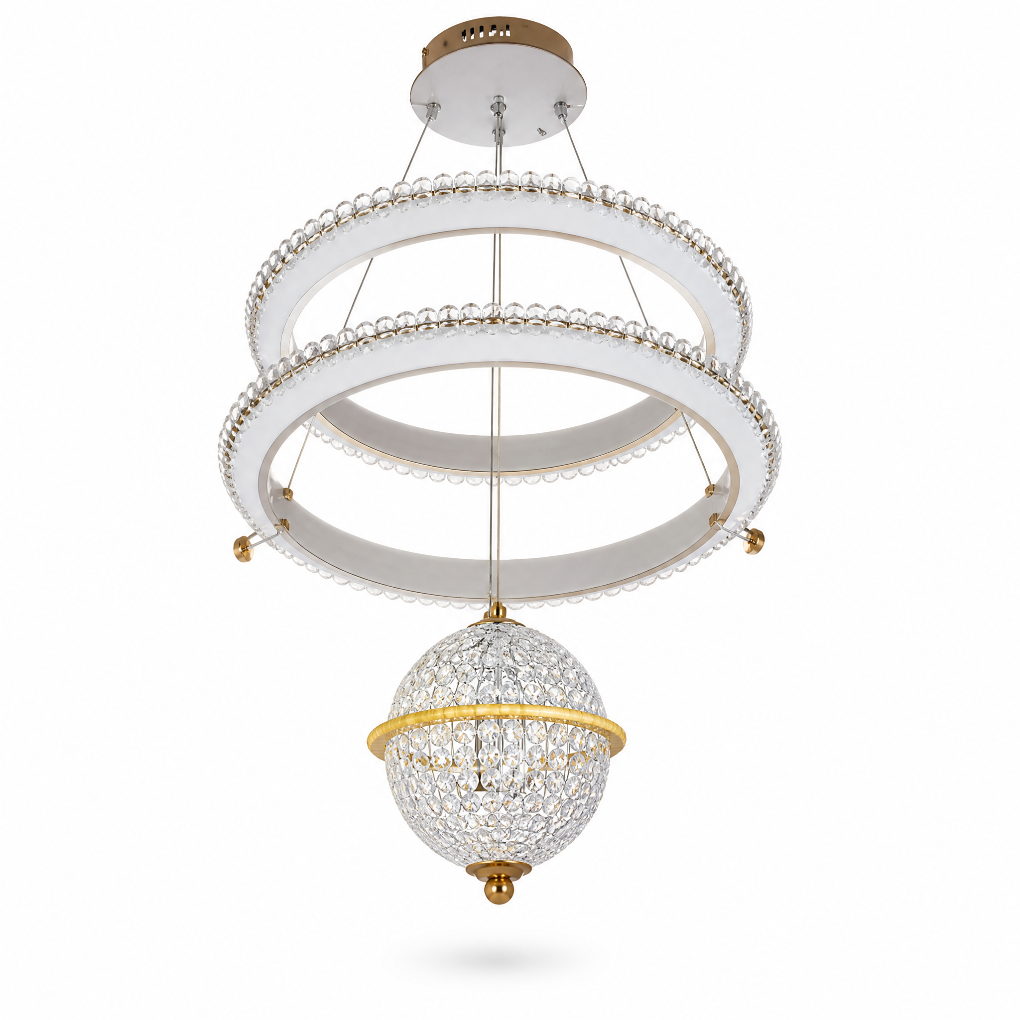 Gold and white round LED ring chandelier with a hanging round centre shade
