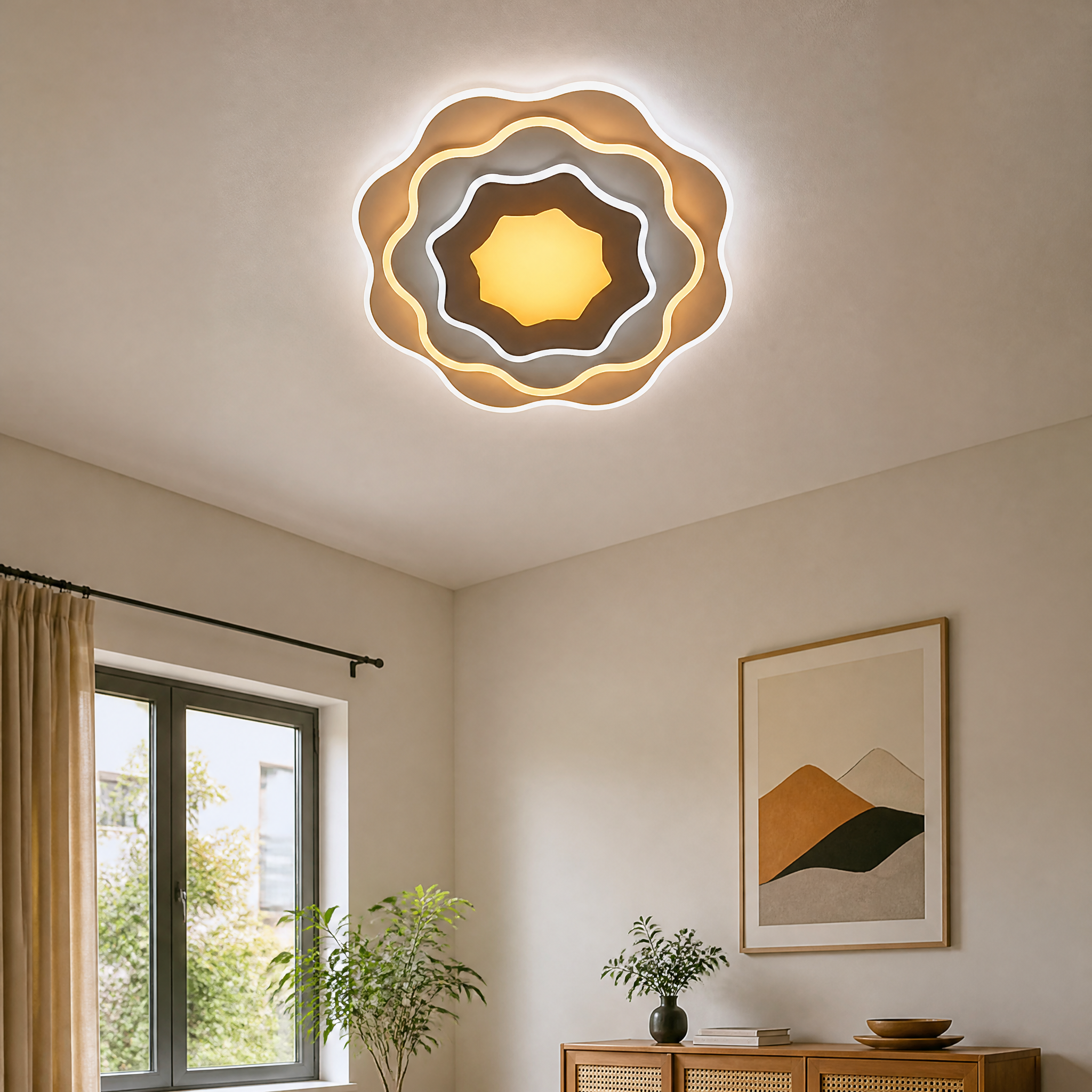 Scalloped brown and grey flush ceiling light glowing on a ceiling above a window and sideboard
