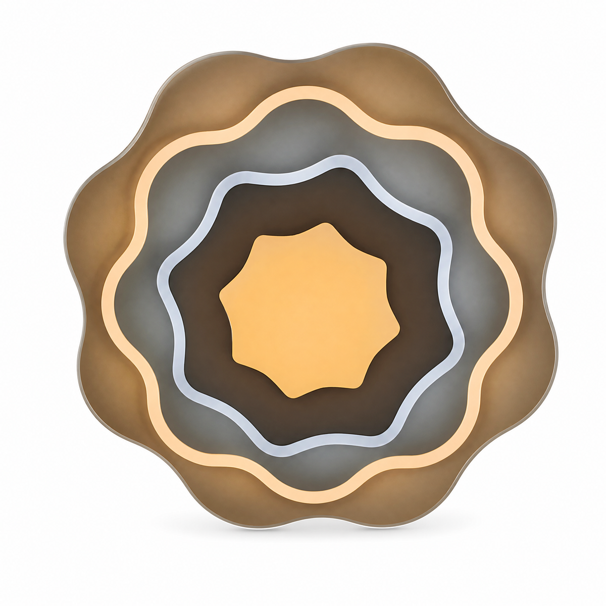 Scalloped eight-lobed flush ceiling light in layered brown and grey with a lit star centre