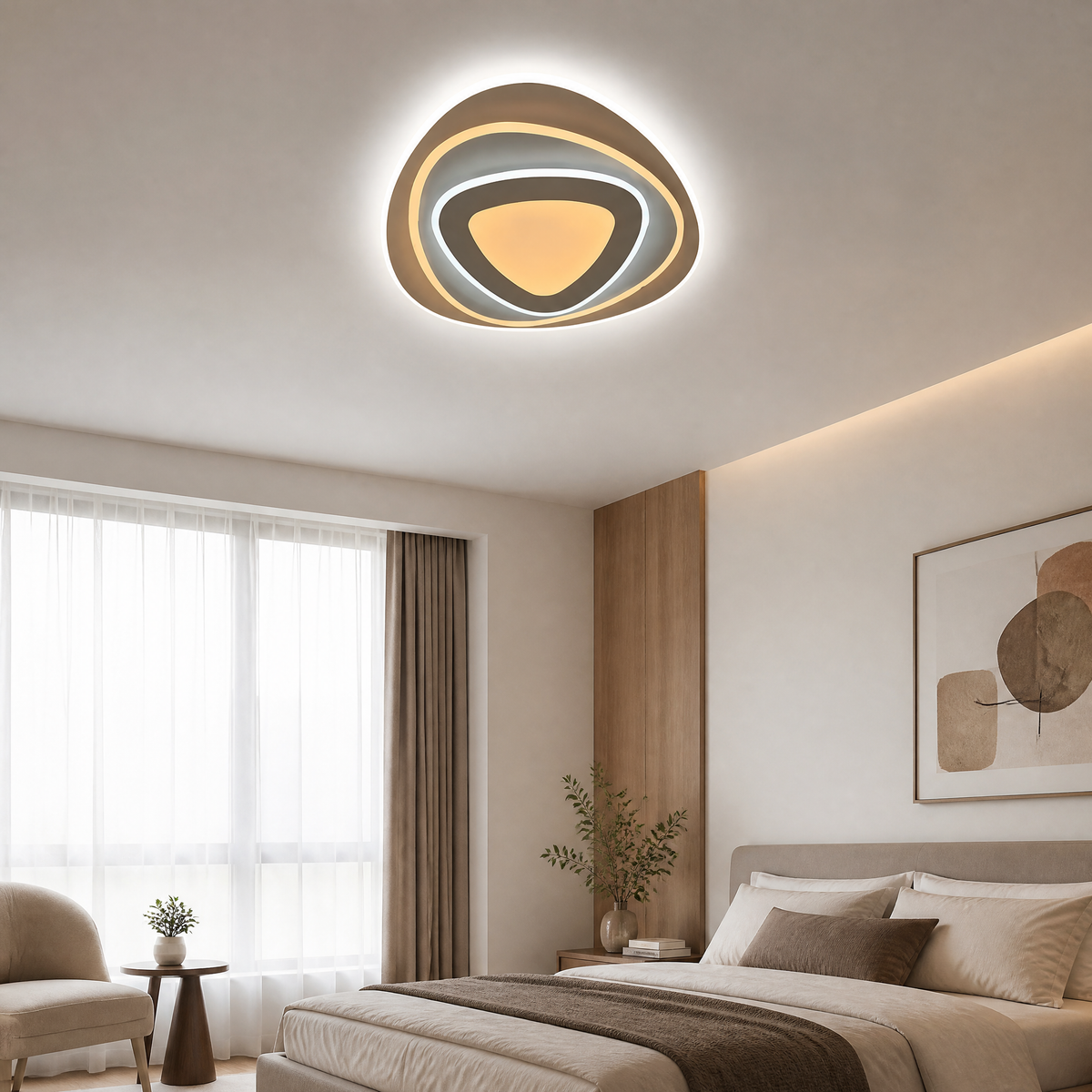 Organic rounded-triangle ceiling light with a warm-lit centre panel and brown outer ring