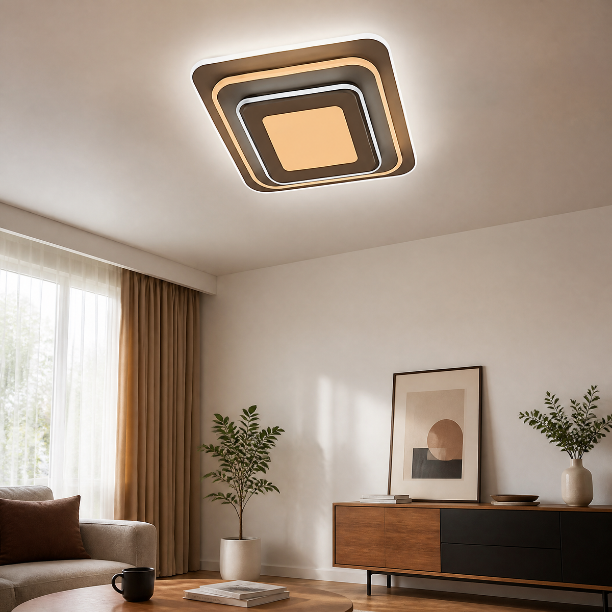 Layered square ceiling light with a warm-lit centre panel and brown outer rings