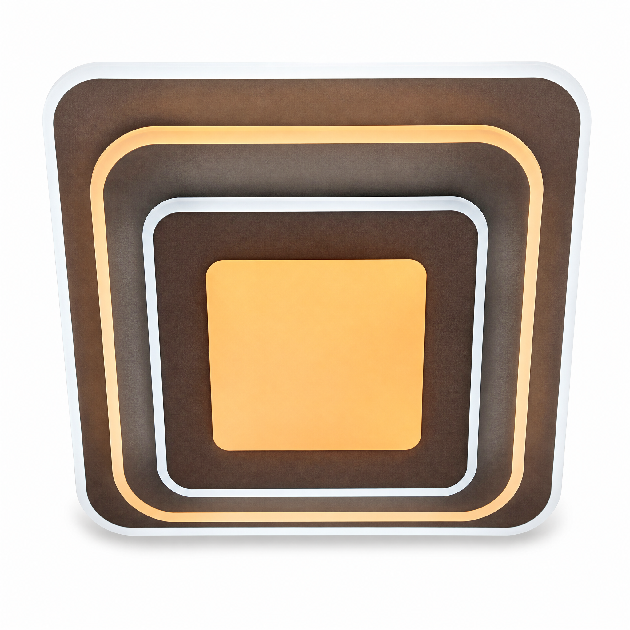 Layered square ceiling light with a warm-lit centre panel and brown outer rings