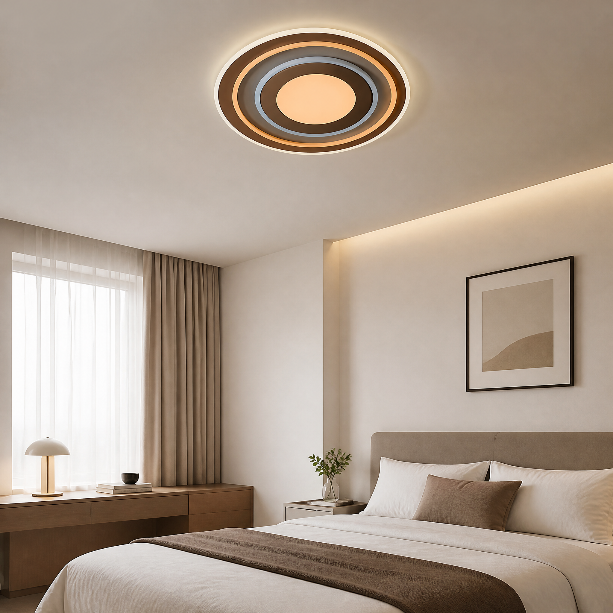 Brown-toned round flush ceiling light with concentric circular rings