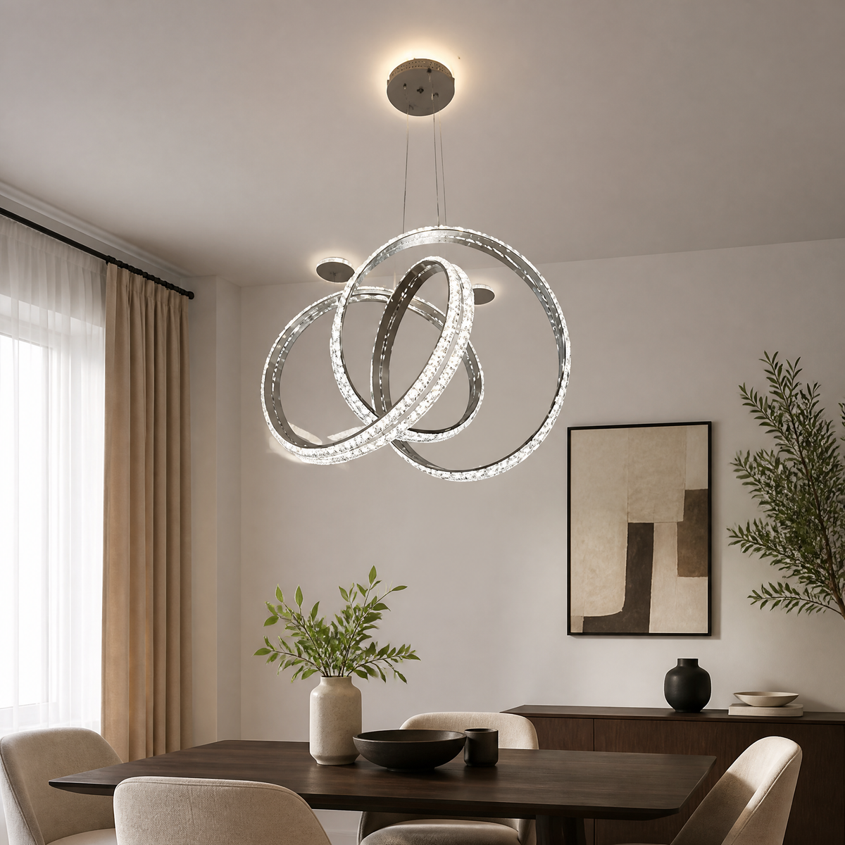 Silver-toned ring-form pendant ceiling light with interlocking rings