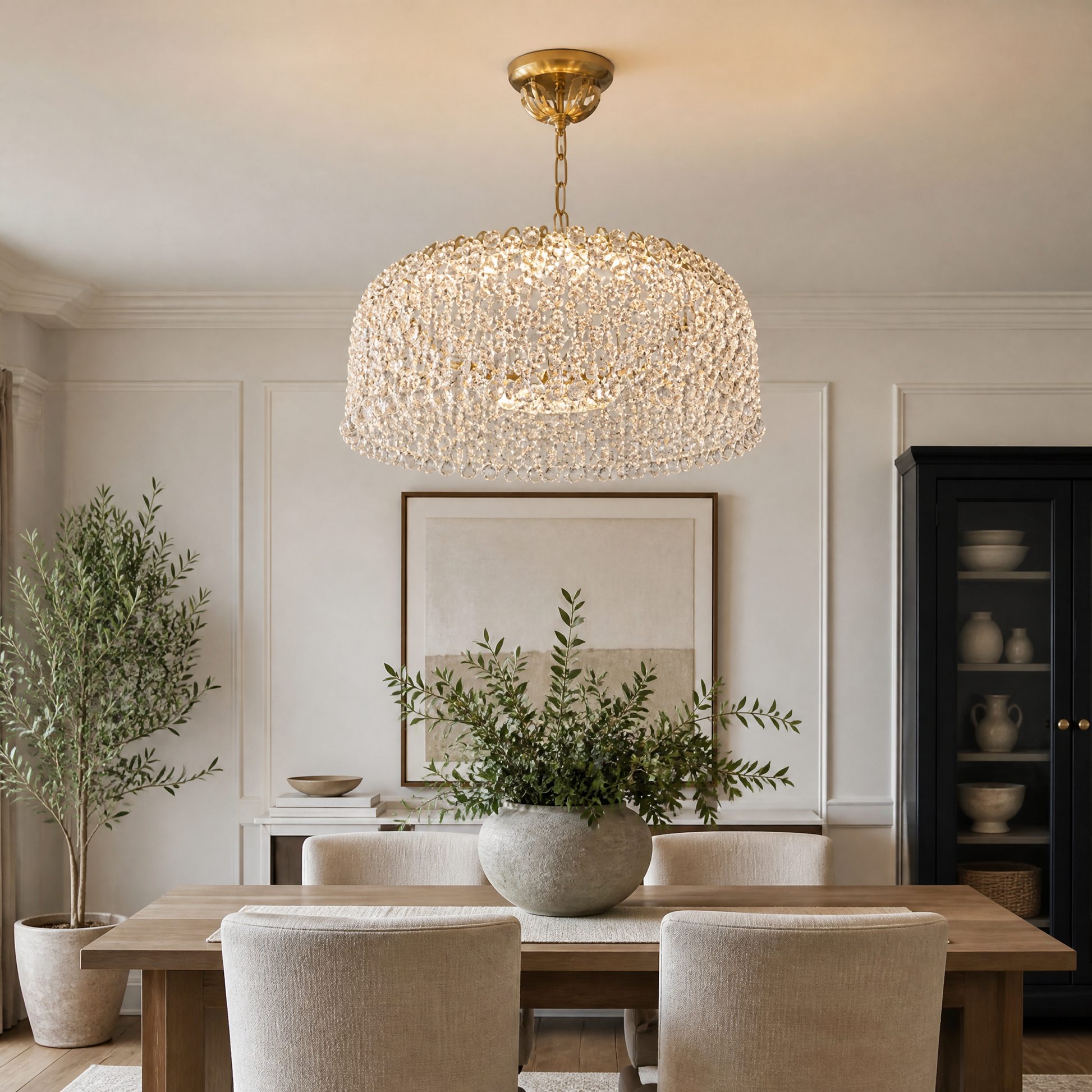 Gold-toned dome-shaped chandelier with rows of hanging beads