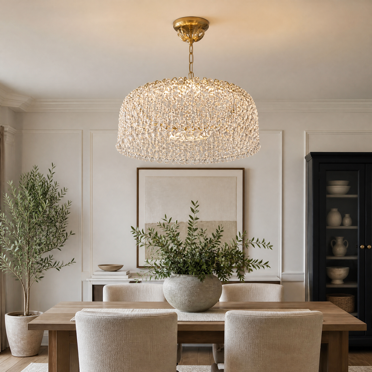 Gold-toned dome-shaped chandelier with rows of hanging beads