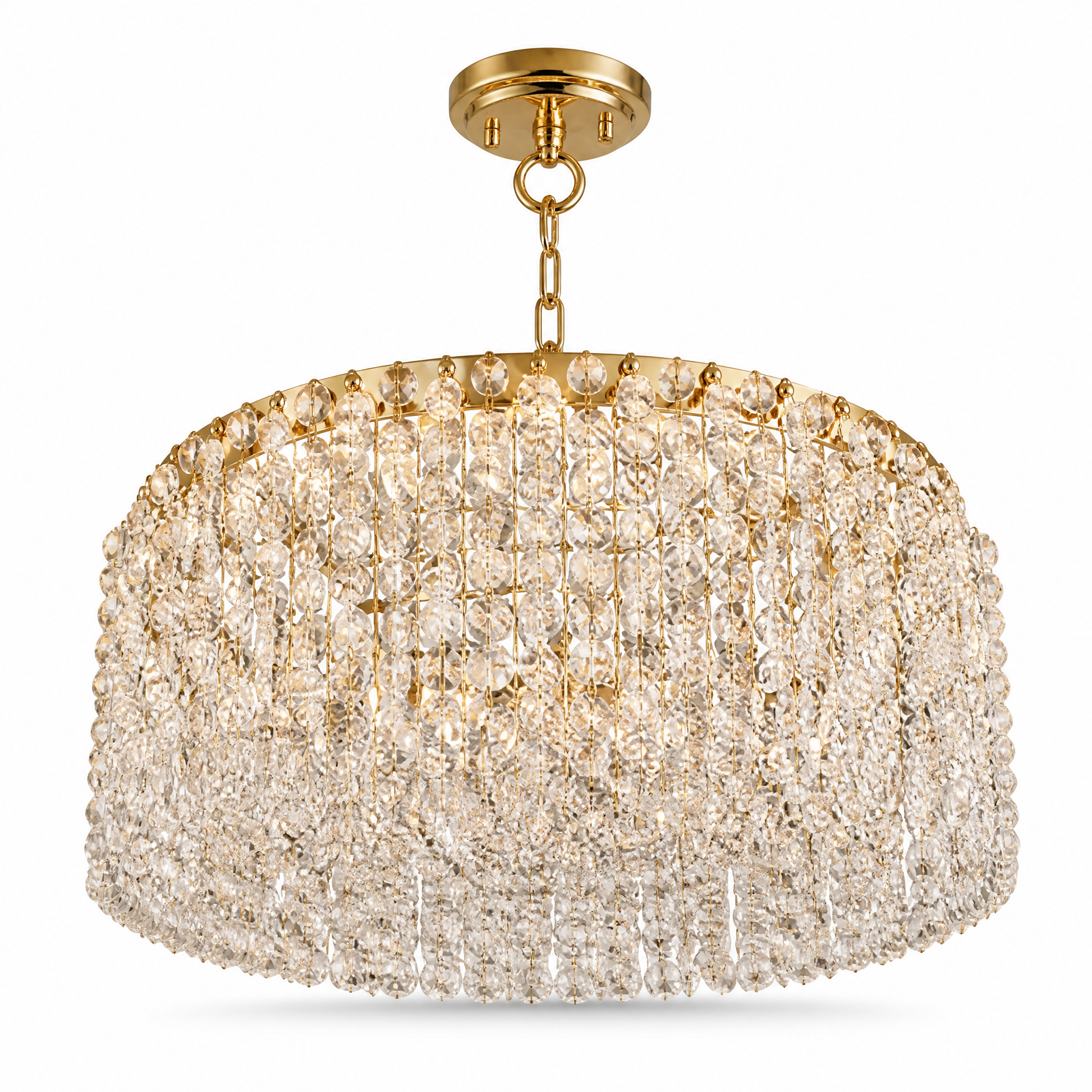 Gold-toned dome-shaped chandelier with rows of hanging beads