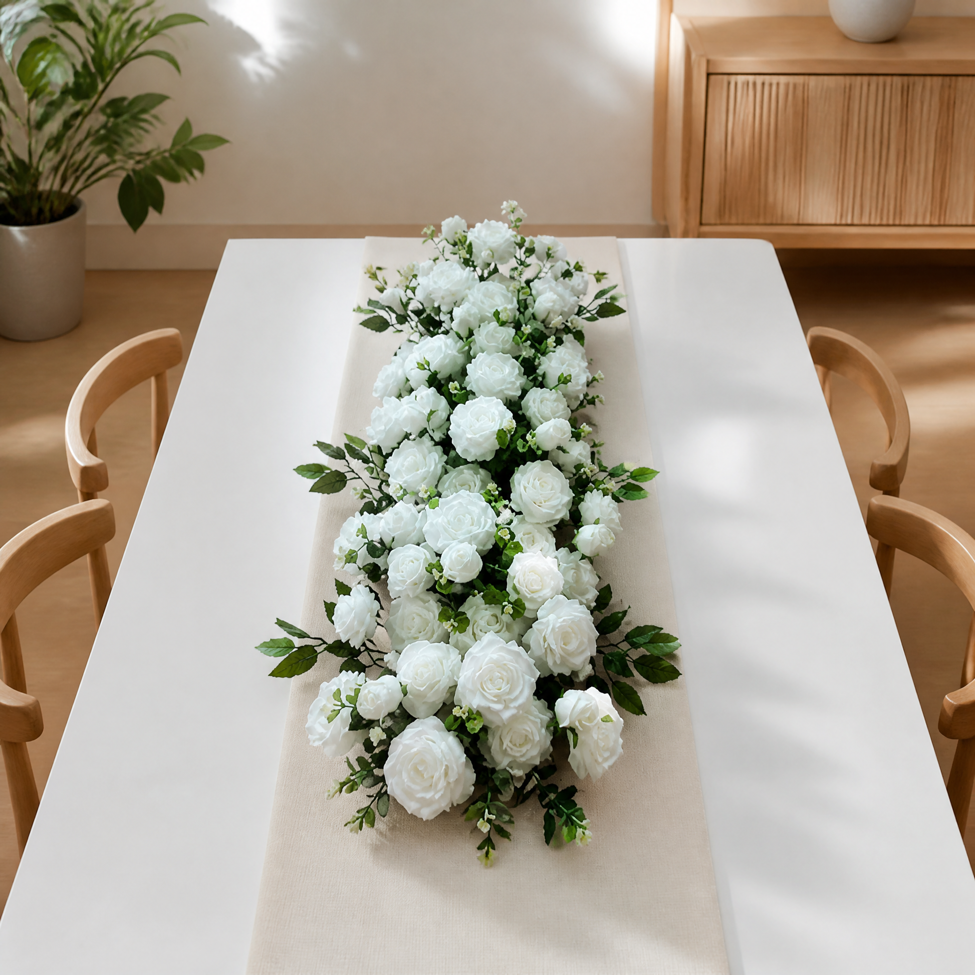 White artificial rose floral garland with greenery 1 metre length