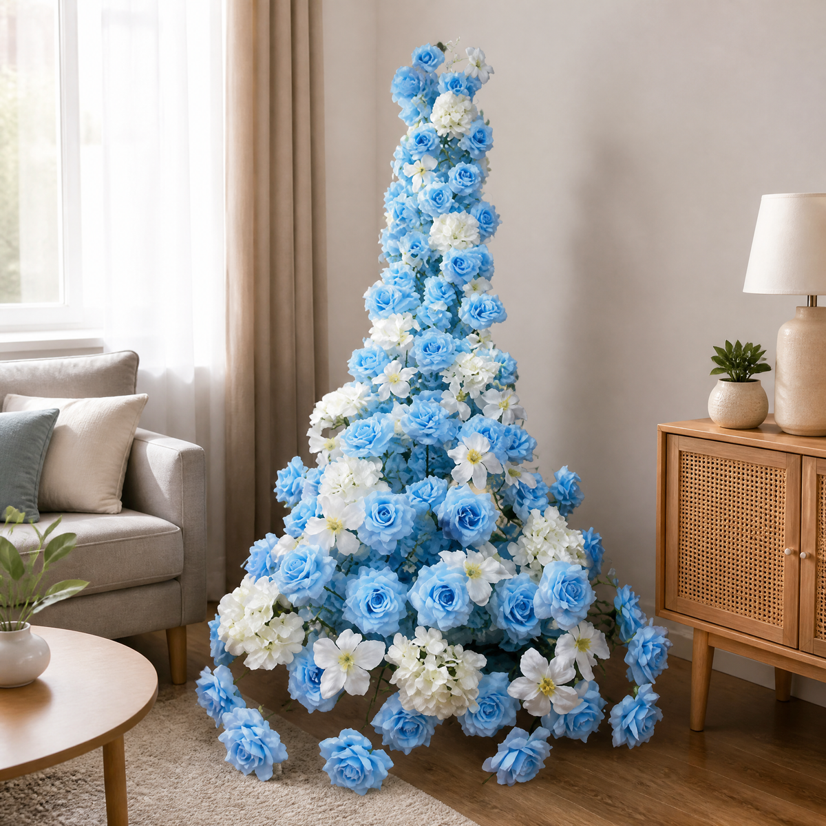 Blue and white artificial rose floral arrangement 2 metre size